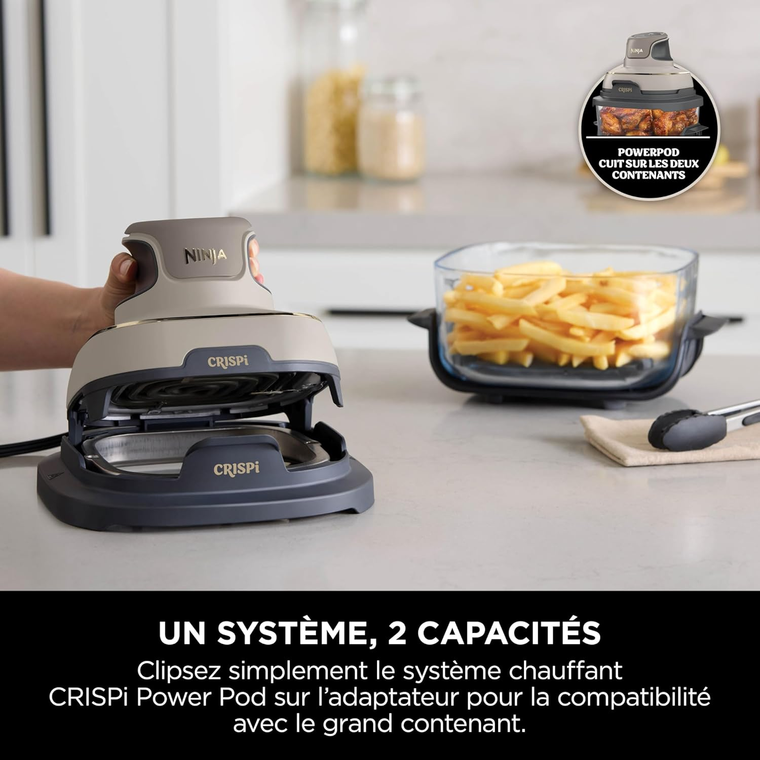 Ninja CRISPi Friteuse sans huile portable, 3,8L, 4-en-1 : Frire sans huile, Rôtir, Garder au chaud, Recroustiller, Design compact, 2 récipients avec couvercles, 1 700 W, Stone/or FN101EUSTGD