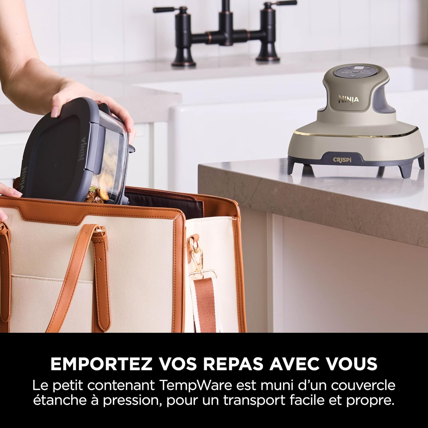 Ninja CRISPi Friteuse sans huile portable, 3,8L, 4-en-1 : Frire sans huile, Rôtir, Garder au chaud, Recroustiller, Design compact, 2 récipients avec couvercles, 1 700 W, Stone/or FN101EUSTGD
