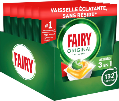 Fairy Original Tablettes Lave-Vaisselle Tout En 1,Citron, 132 Capsules, Efficaces Contre Graisse Incrustée, Dissolution Ultra-Rapide, Protection Verre et Argent, Sans Odeurs