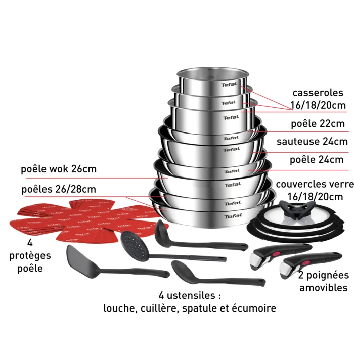 Tefal Ingenio Emotion On, Set 22 pièces, Inox, Empilable, L897SM04
