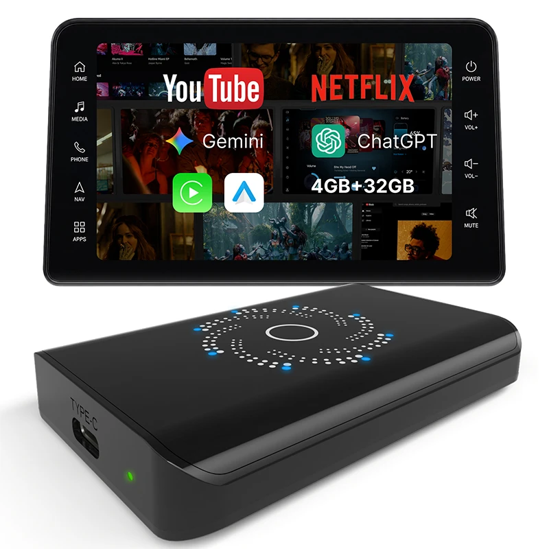 3-in-1 CarPlay AI Box with Android 14, Rockchip RK3528 quad-core processor, and HDMI output