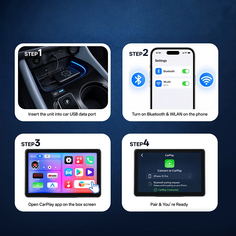 Plug and play setup for wireless CarPlay and Android Auto in 4 steps