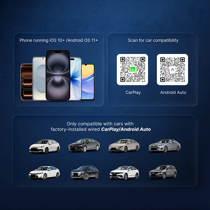 CarPlay AI Box compatibility with iOS 10+ Android 11+ and wired CarPlay cars
