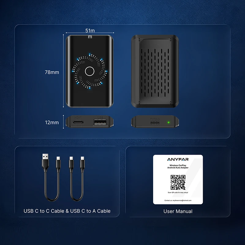 CarPlay AI Box package contents with unit manual and USB cables