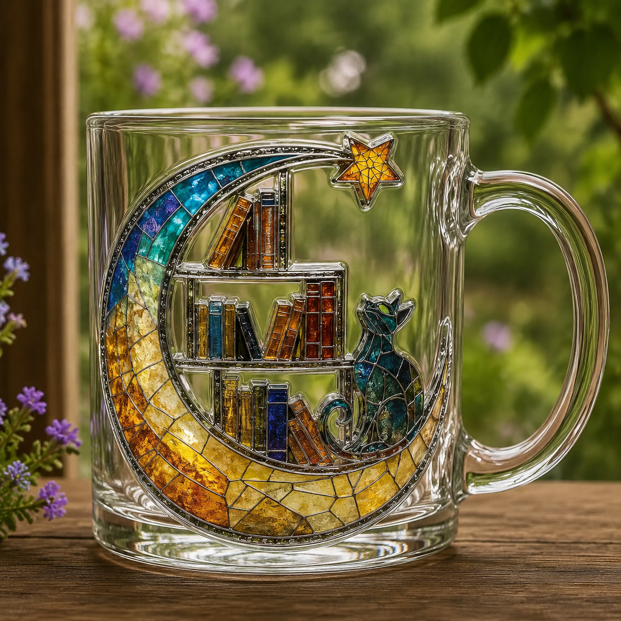 Moonlit Cat Bookshelf Glass Mug
