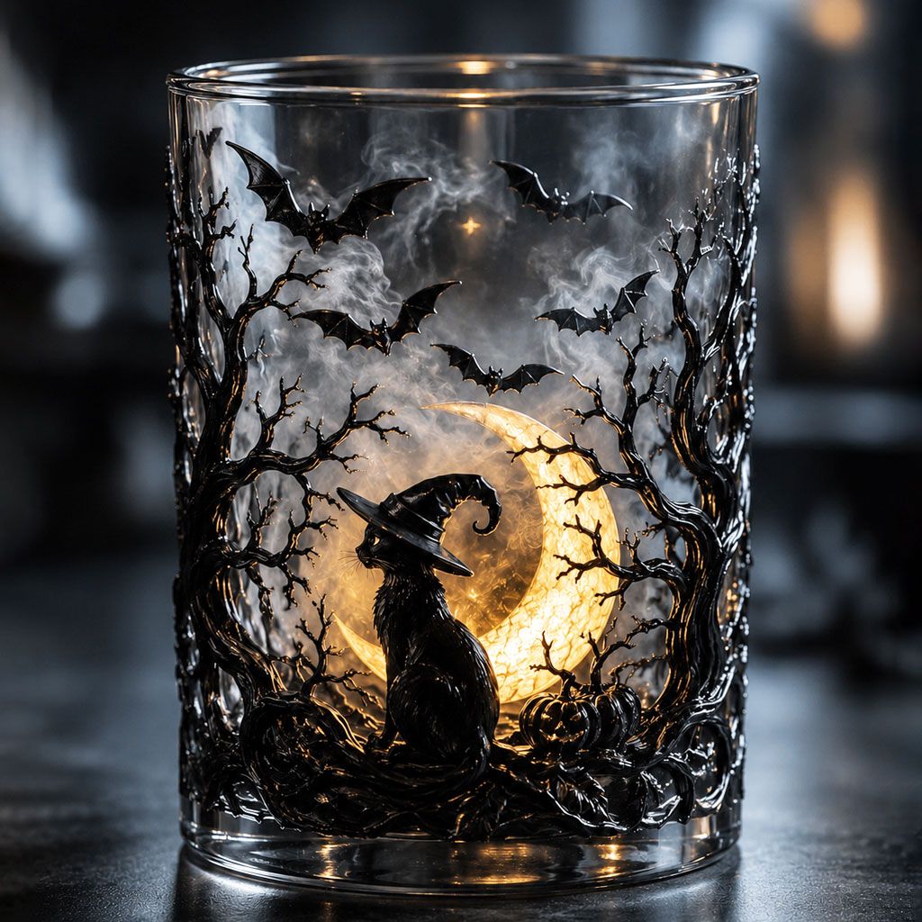 Halloween Black Cat Moon Whiskey Glass