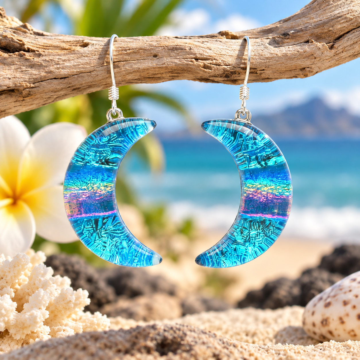 Dichroic Glass Crescent Moon Earrings – Handmade on Maui