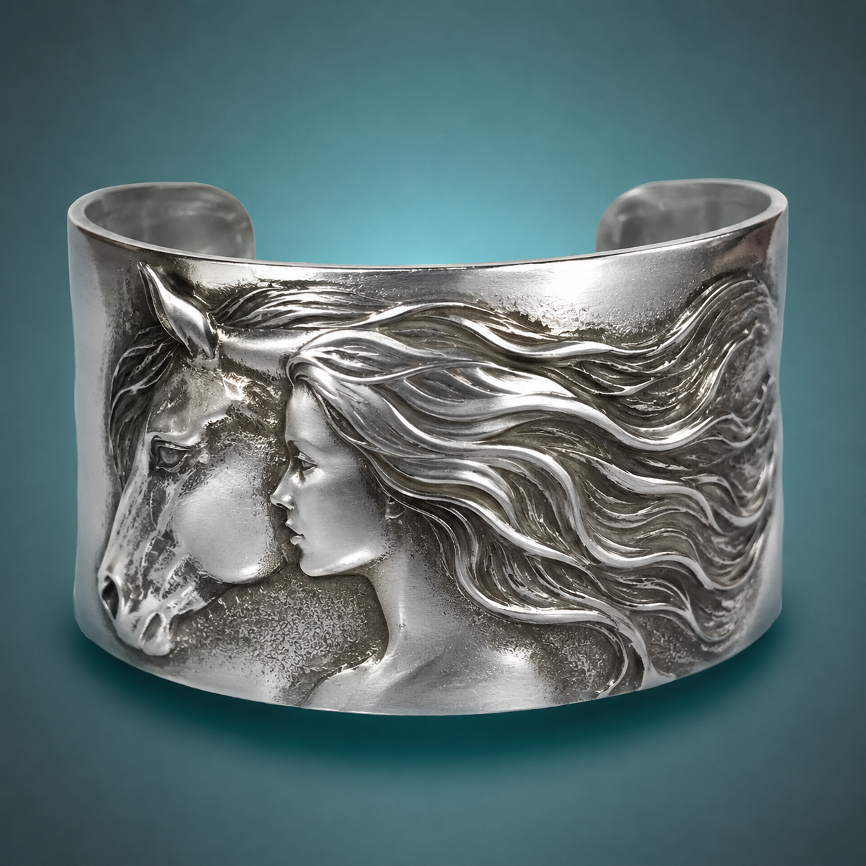 Horse & Woman Silver Cuff Bracelet