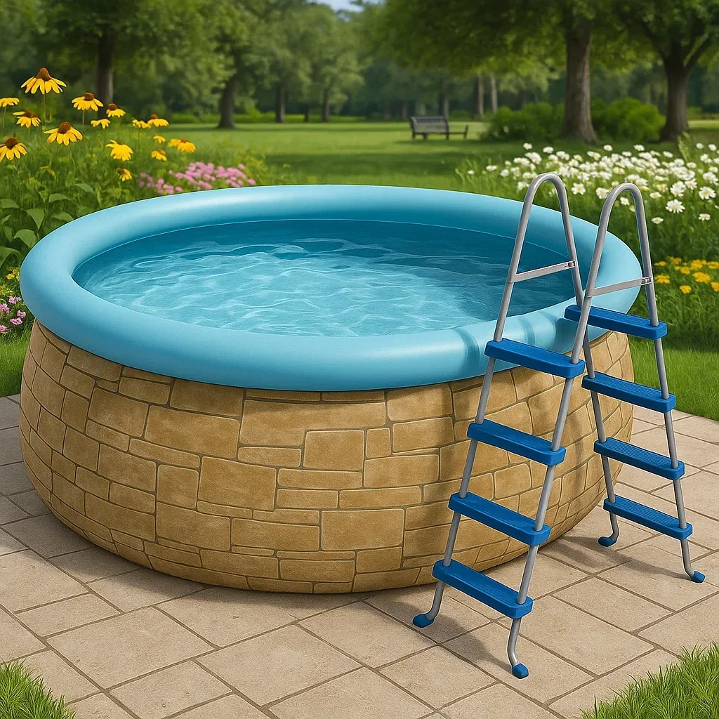 Piscine autoportée pierre/bleu clair 366x366x76 cm avec échelle et filtre à cartouche DNWwDgJMQ9uM-Meuzen