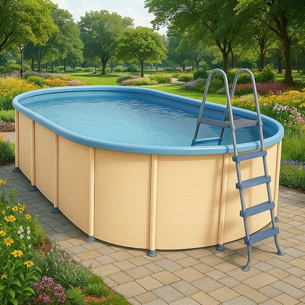 Piscine tubulaire ovale 468x275x102 cm beige/bleu avec échelle et filtre PXBVbPv141RP-Meuzen