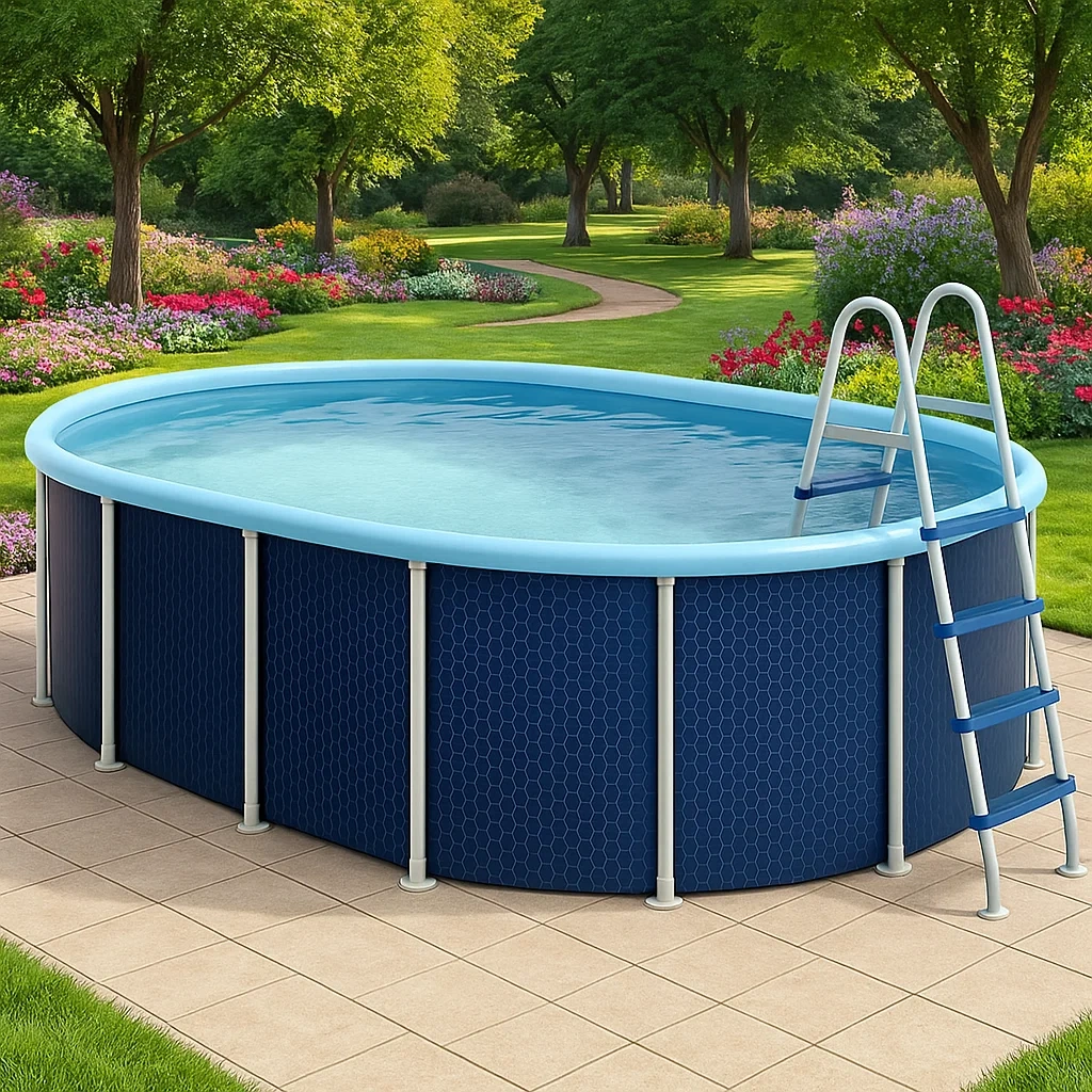 Piscine tubulaire ovale 468x275x102 cm bleu foncé/bleu clair avec échelle avec filtre à cartouche GiikwyN142Rm-Meuzen