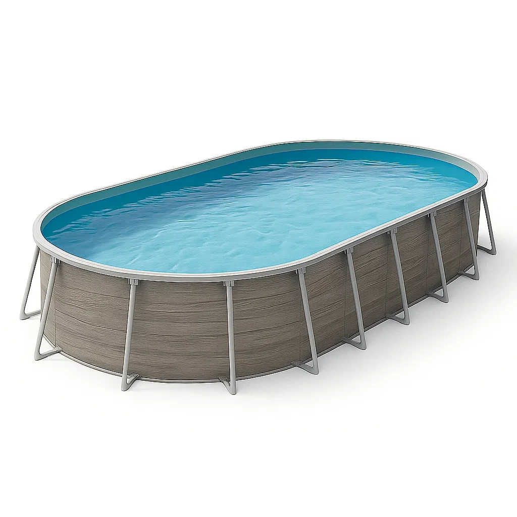 Piscine tubulaire ovale 407x238x97 cm gris/marron bois avec échelle avec filtre à cartouche woGPKCK112qd-Meuzen