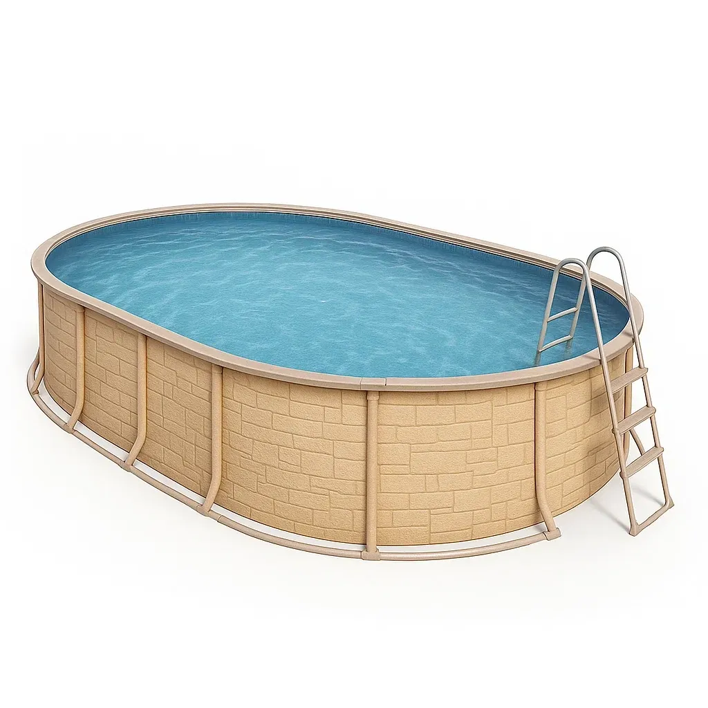 Piscine tubulaire ovale 468x275x102 cm beige effet pierre avec échelle avec filtre à cartouche ozhAzmT118eM-Meuzen