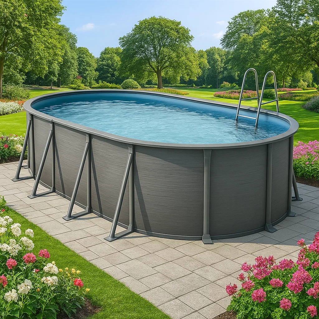 Piscine tubulaire ovale 407x238x97 cm, couleur gris, avec échelle, avec filtre pfpayIqa92jn-Meuzen