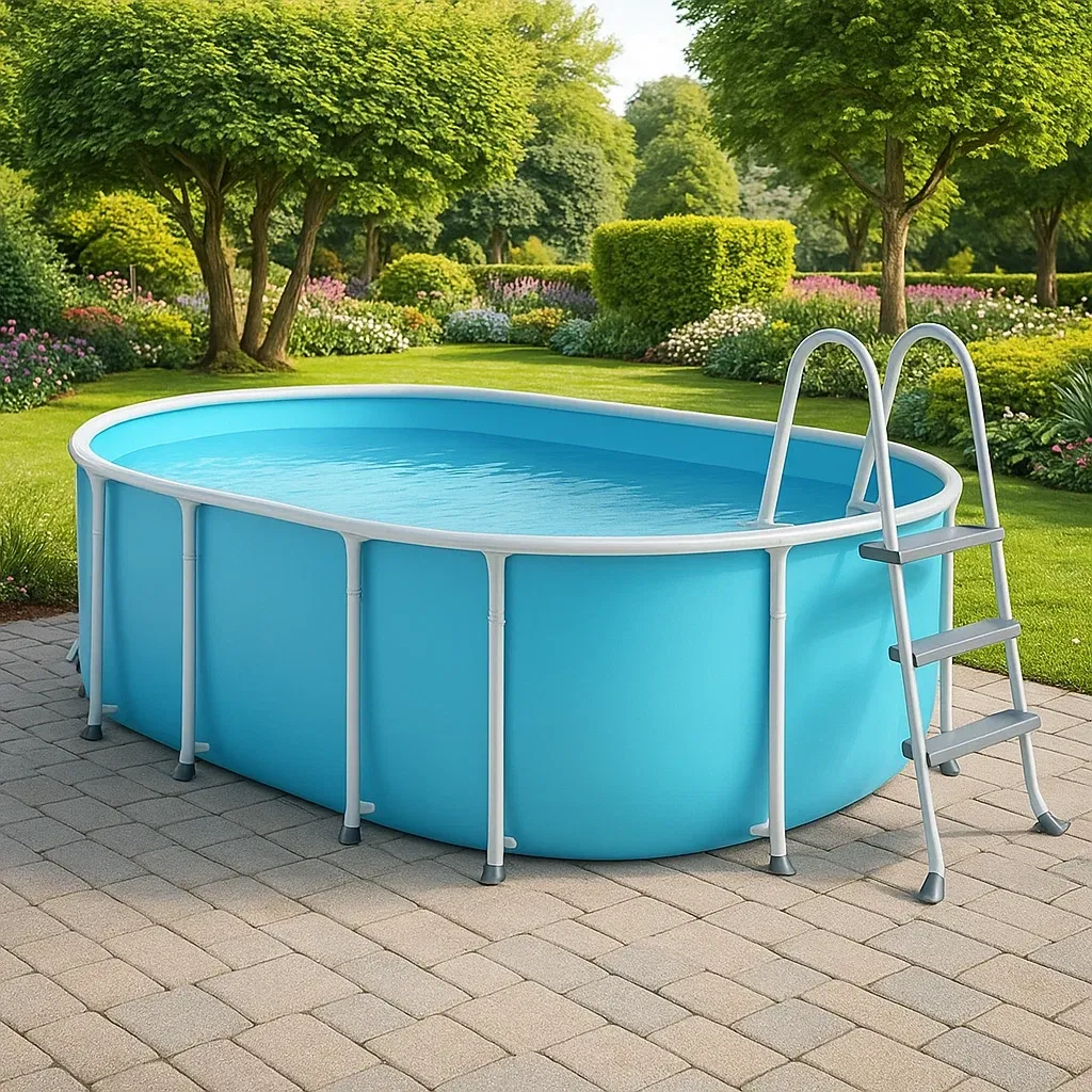 Piscine tubulaire ovale bleu clair/blanc 407x238x97 cm avec échelle et filtre à cartouche WaFMsMi101JL-Meuzen