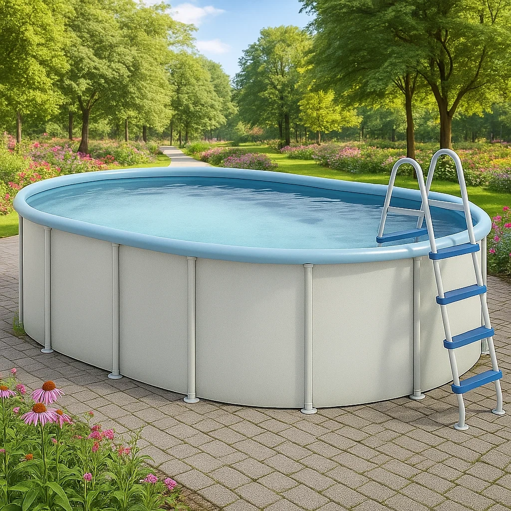 Piscine tubulaire ovale 407x238x97 cm, couleur gris / bleu clair, avec échelle, avec filtre LaxIRSD104DK-Meuzen