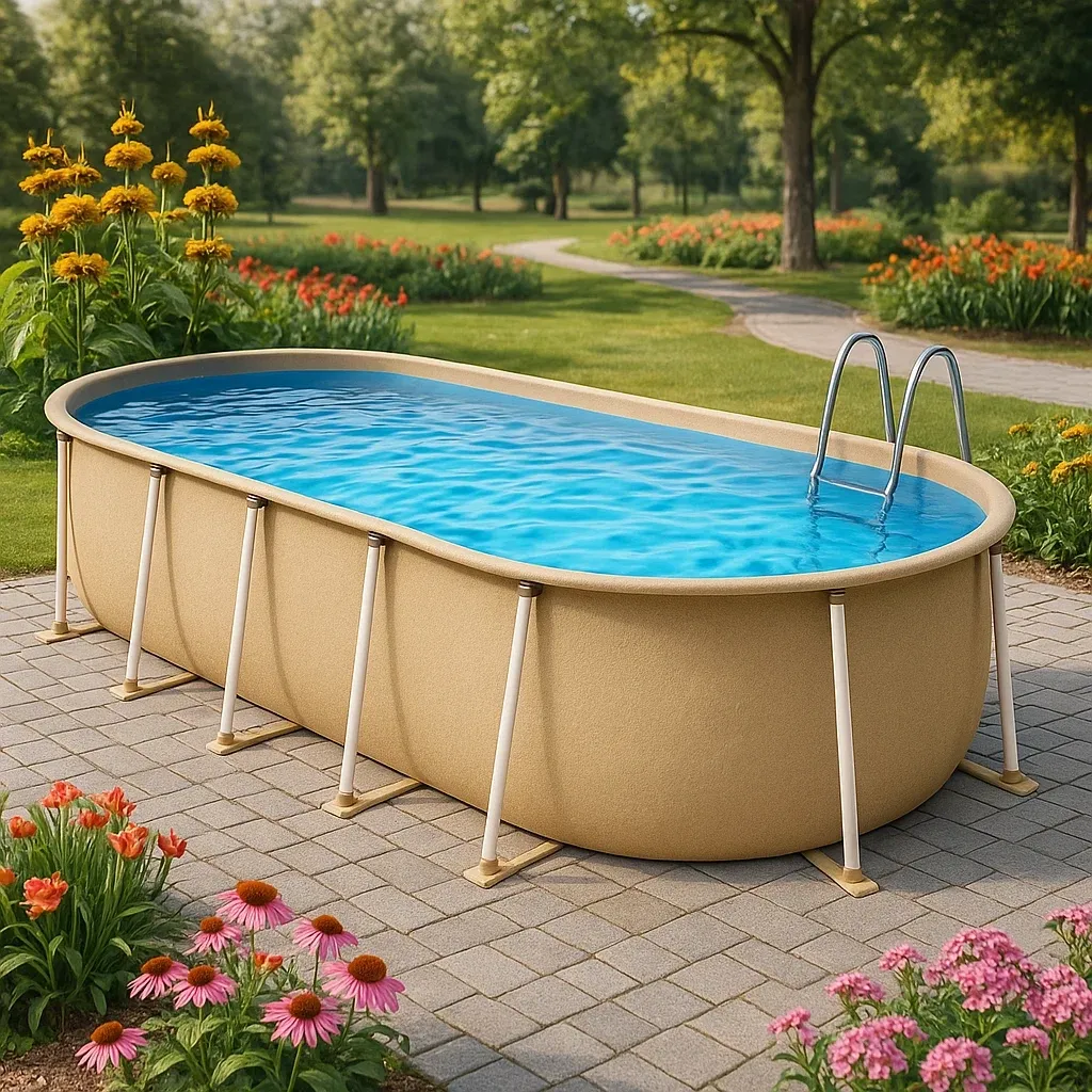 Piscine tubulaire ovale beige 407x238x97 cm avec échelle et filtre dPSMQQR105my-Meuzen