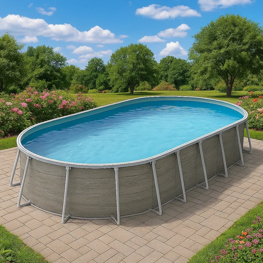 Piscine tubulaire ovale 407x238x97 cm gris/marron bois avec échelle avec filtre à cartouche woGPKCK112qd-Meuzen
