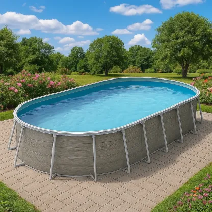 Piscine tubulaire ovale 407x238x97 cm gris/marron bois avec échelle avec filtre à cartouche woGPKCK112qd-Meuzen