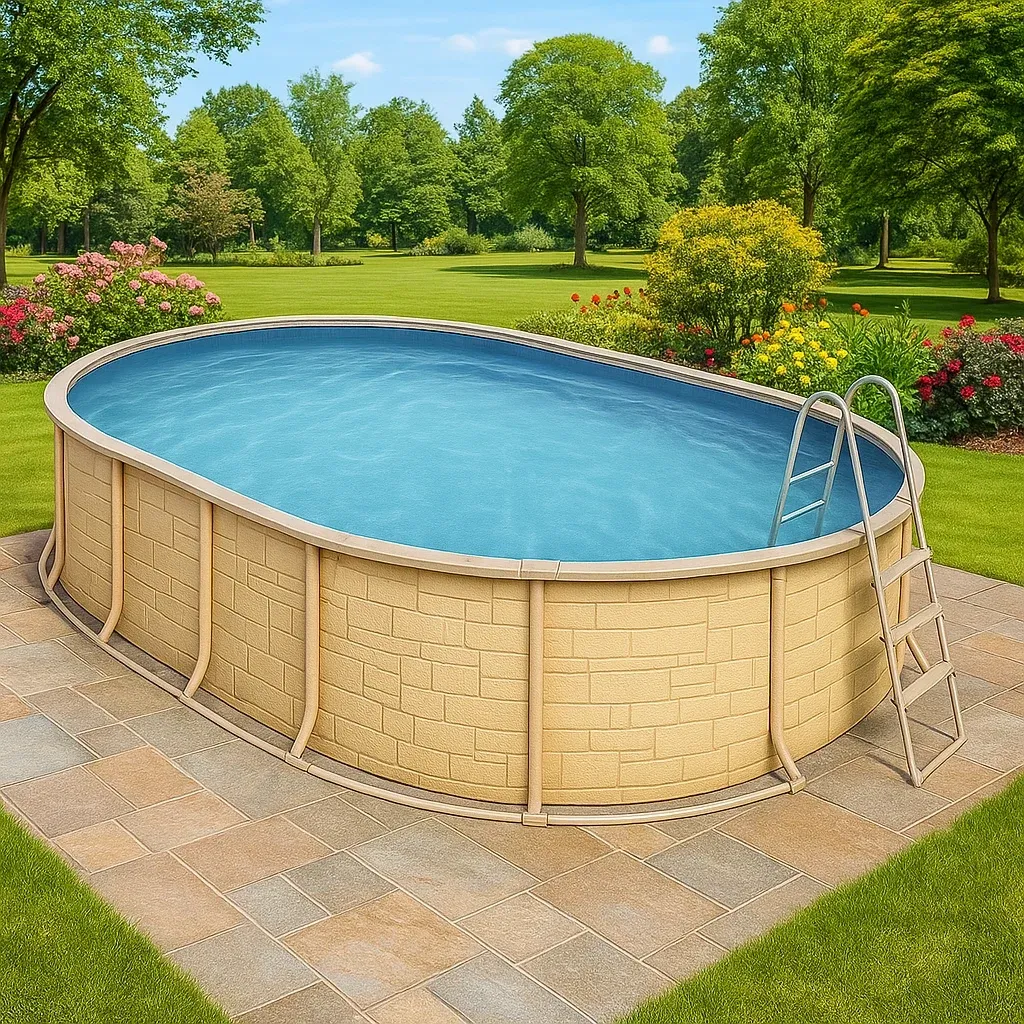 Piscine tubulaire ovale 468x275x102 cm beige effet pierre avec échelle avec filtre à cartouche ozhAzmT118eM-Meuzen