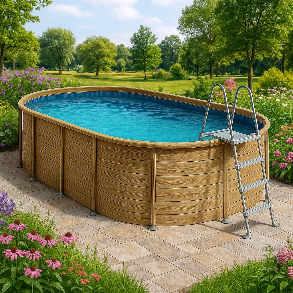 Piscine tubulaire ovale bois clair/bleu 468x275x102 cm avec échelle et filtre à cartouche zHKckBA119yj-Meuzen