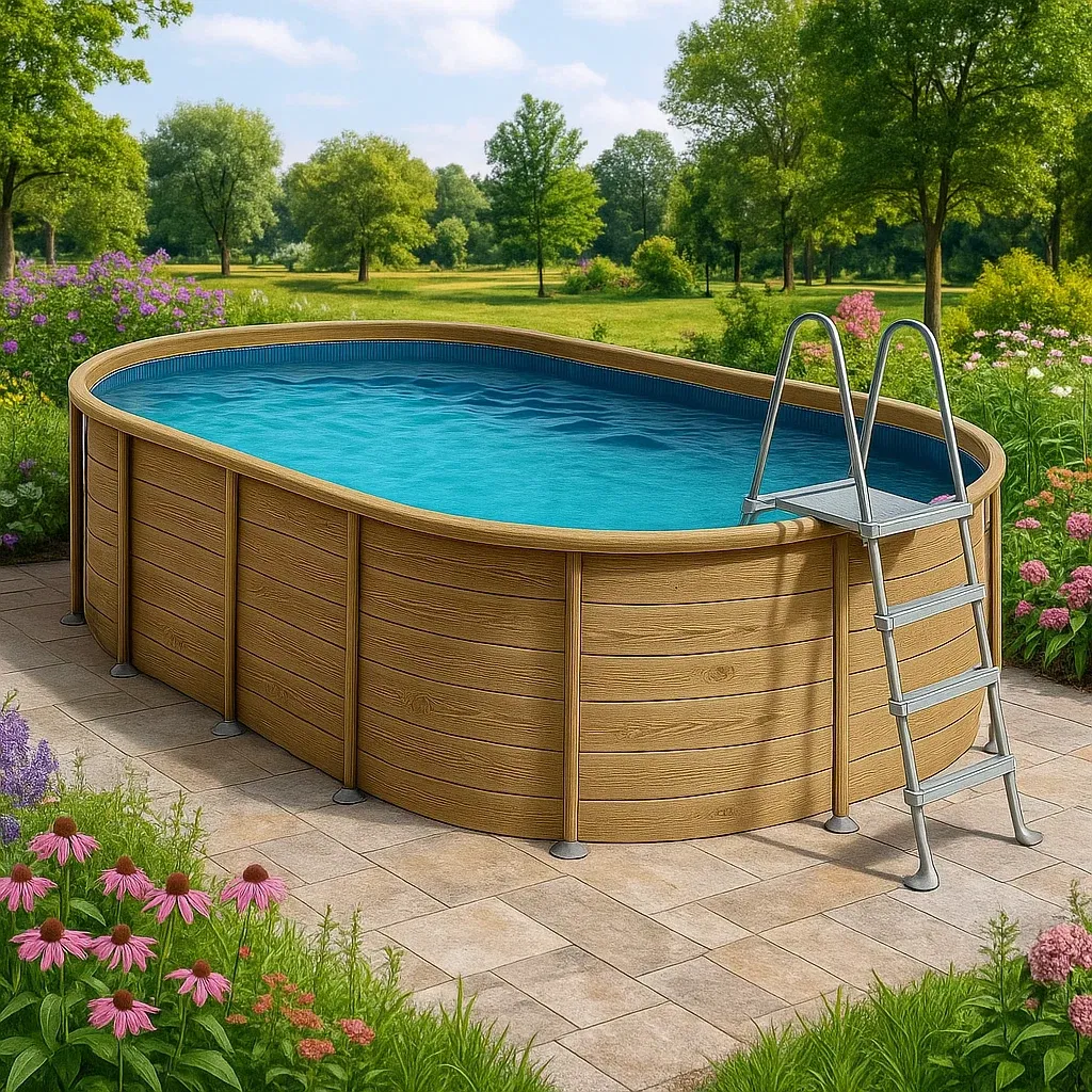 Piscine tubulaire ovale bois clair/bleu 468x275x102 cm avec échelle et filtre à cartouche zHKckBA119yj-Meuzen