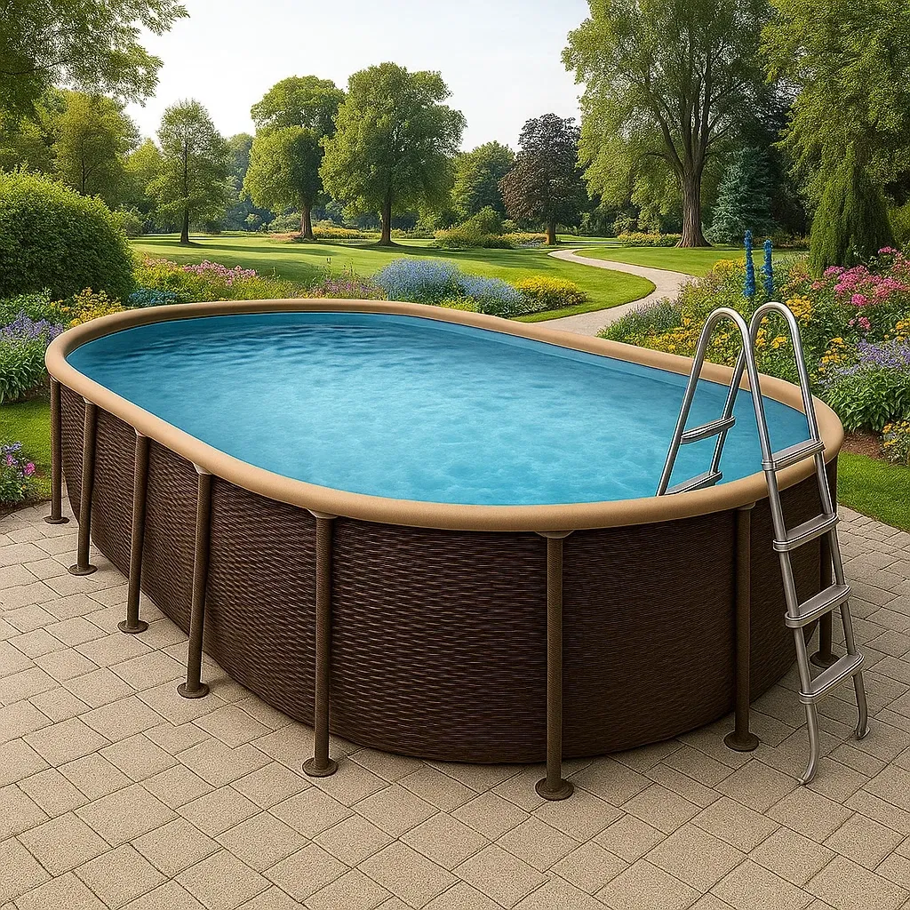 Piscine tubulaire ovale 468x275x102 cm marron foncé rotin tressé avec échelle avec filtre à cartouche VyRBKsA124YF-Meuzen