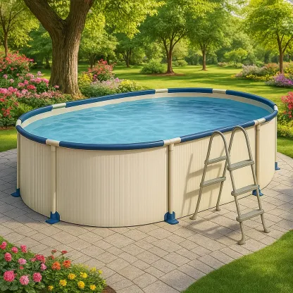 Piscine tubulaire ovale 468x275x102 cm, couleur crème/bleu foncé, avec échelle, avec filtre oVhrtXB128Ee-Meuzen