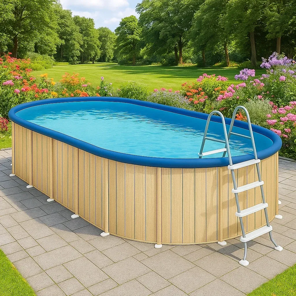 Piscine tubulaire ovale bois clair/bleu 468x275x102 cm avec échelle et filtre DcduGDA129Wh-Meuzen