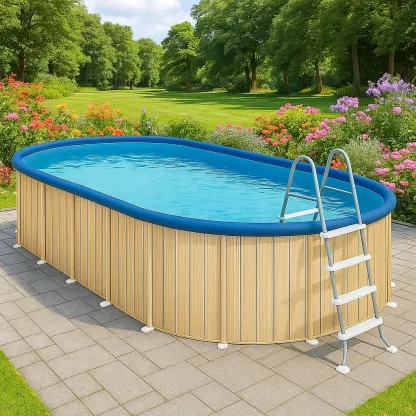 Piscine tubulaire ovale bois clair/bleu 468x275x102 cm avec échelle et filtre DcduGDA129Wh-Meuzen