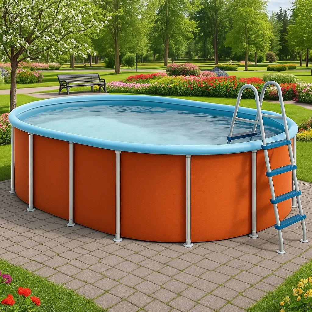 Piscine tubulaire ovale 468x275x102 cm orange/bleu clair avec échelle avec filtre à cartouche GvArupQ130VO-Meuzen
