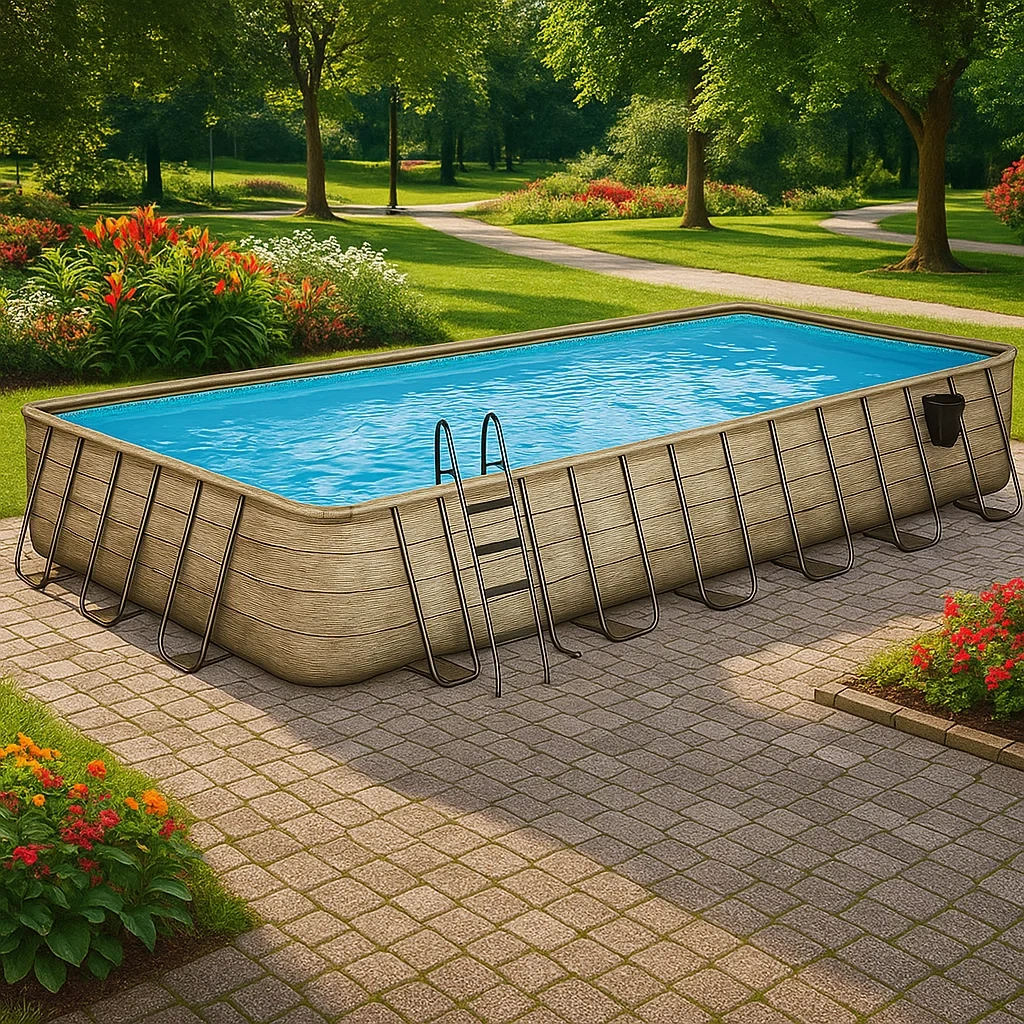 Piscine tubulaire rectangulaire 703x350x125 cm, couleur beige/bois clair avec échelle et filtre molRqIG190fr-Meuzen