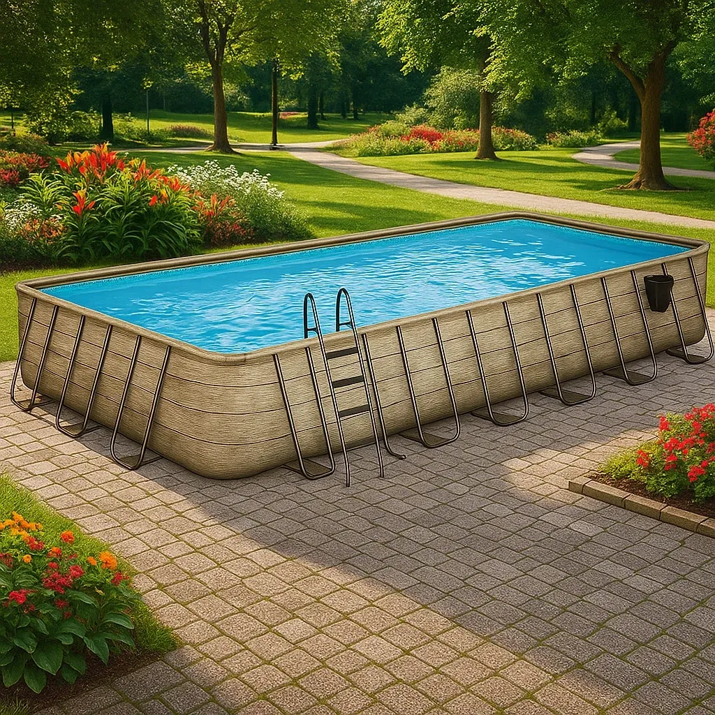 Piscine tubulaire rectangulaire 703x350x125 cm, couleur beige/bois clair avec échelle et filtre molRqIG190fr-Meuzen