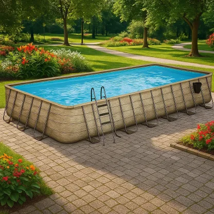 Piscine tubulaire rectangulaire 703x350x125 cm, couleur beige/bois clair avec échelle et filtre molRqIG190fr-Meuzen