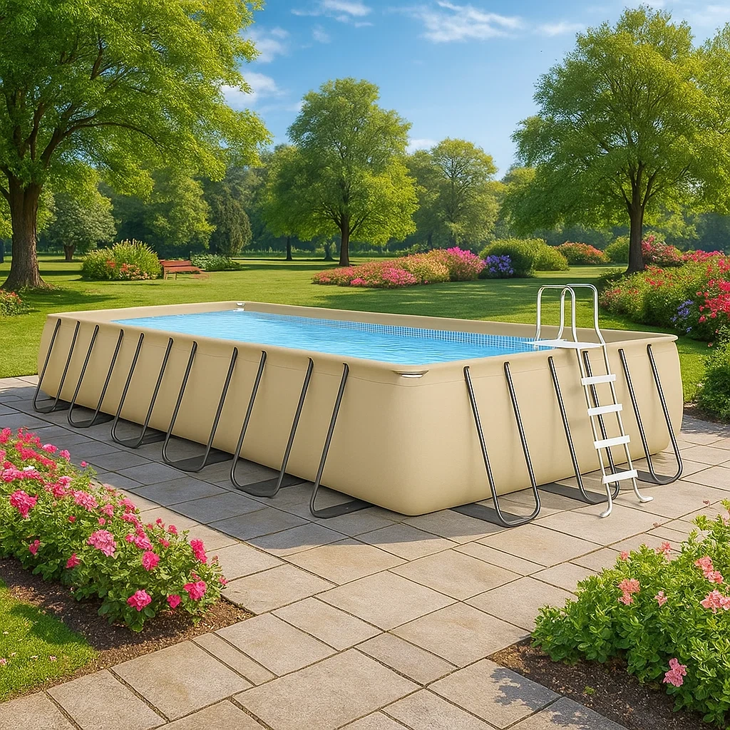 Piscine tubulaire rectangulaire 703x350xh125 cm beige avec échelle avec filtre à cartouche iezYbrd199XV-Meuzen