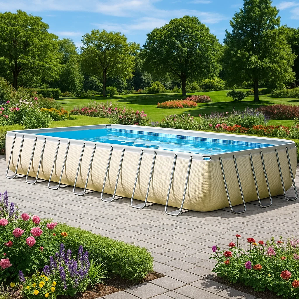 Piscine tubulaire rectangulaire 703x350xh125 cm beige clair avec échelle avec filtre à cartouche mQzJDpS205VR-Meuzen