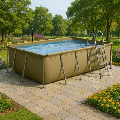 Piscine tubulaire rectangulaire 390x197x97 cm kaki clair/gris avec échelle et filtre à cartouche sfQszTD146YA-Meuzen