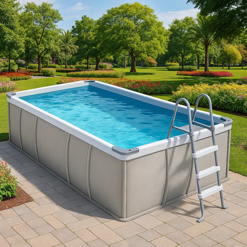 Piscine tubulaire rectangulaire 390 x 197 x 97 cm, couleur gris/bleu, avec échelle, avec filtre qEdAliK149Jc-Meuzen