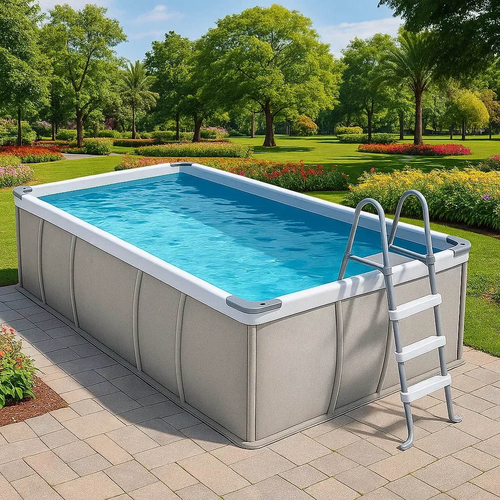 Piscine tubulaire rectangulaire 390 x 197 x 97 cm, couleur gris/bleu, avec échelle, avec filtre qEdAliK149Jc-Meuzen