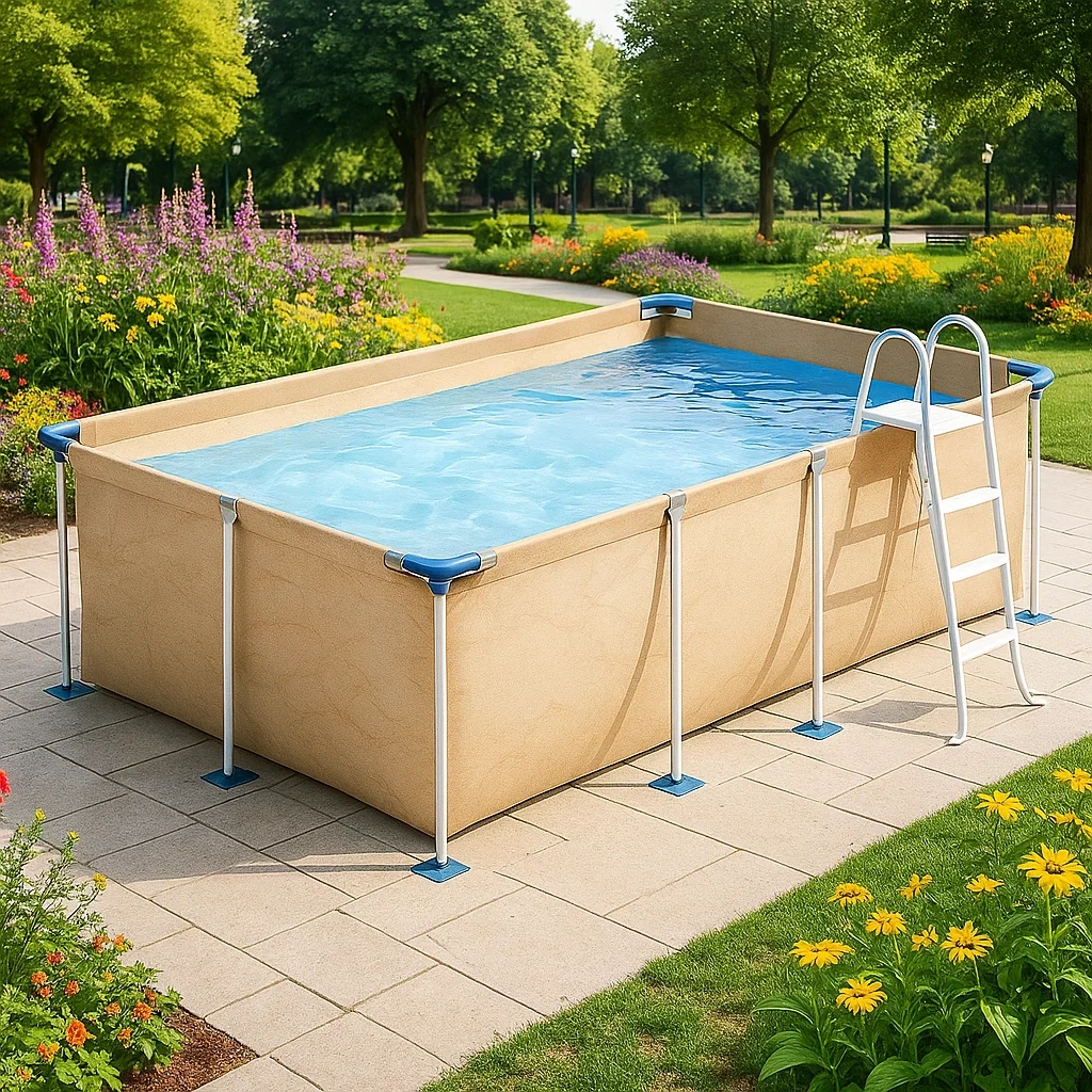 Piscine tubulaire rectangulaire 390x197xh97 cm beige clair avec échelle avec filtre à cartouche hrKigeE157GK-Meuzen