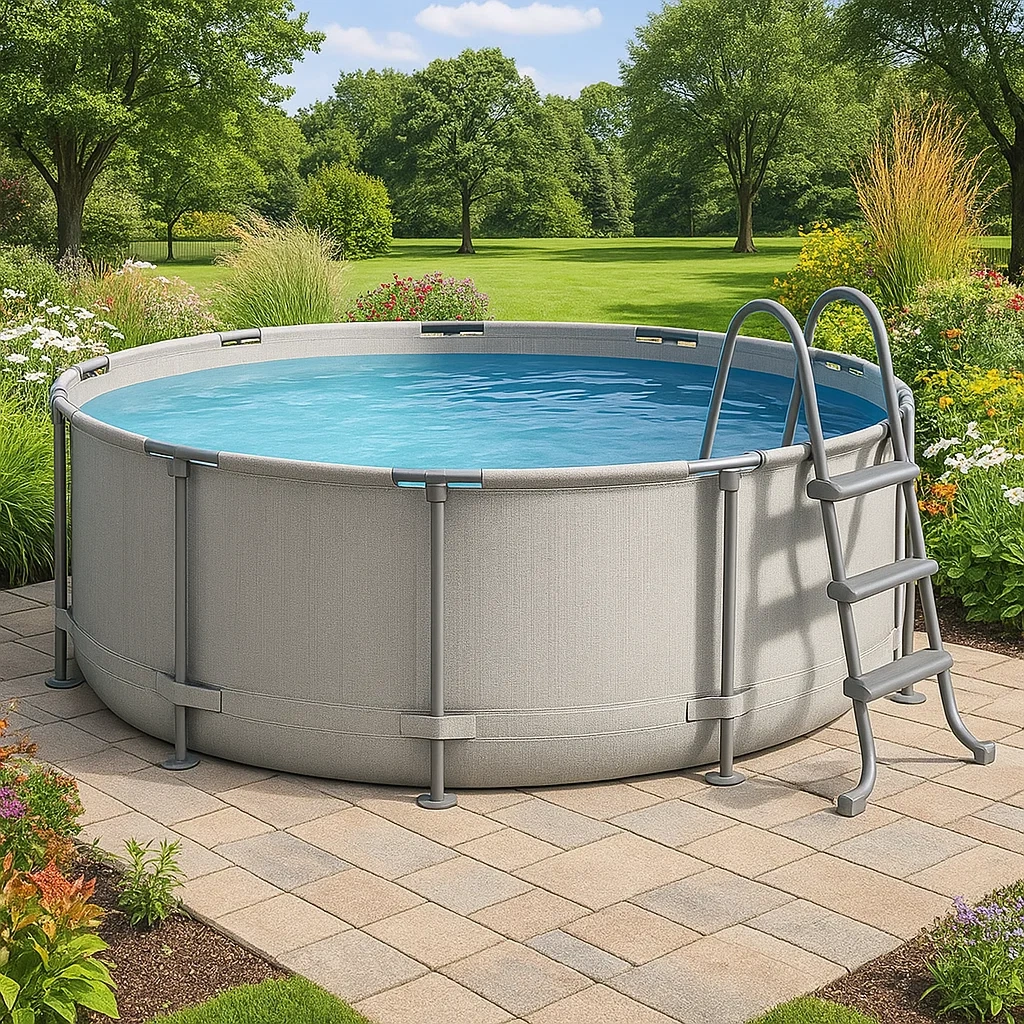 Piscine tubulaire ronde 355x97 cm gris clair avec échelle et filtre à cartouche XtvGsKE242ei-Meuzen