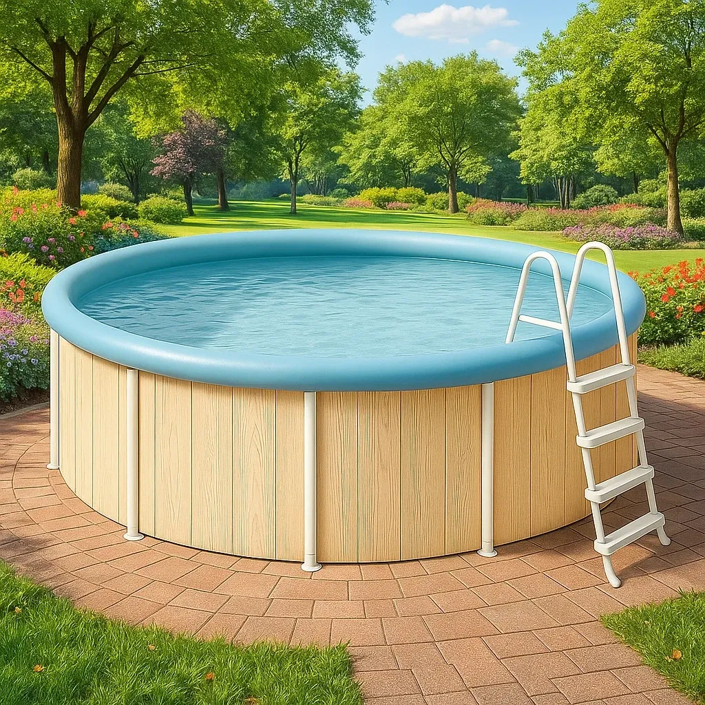 Piscine tubulaire ronde 355x97 cm, beige/bleu clair avec échelle et filtre YvirLjH243hi-Meuzen