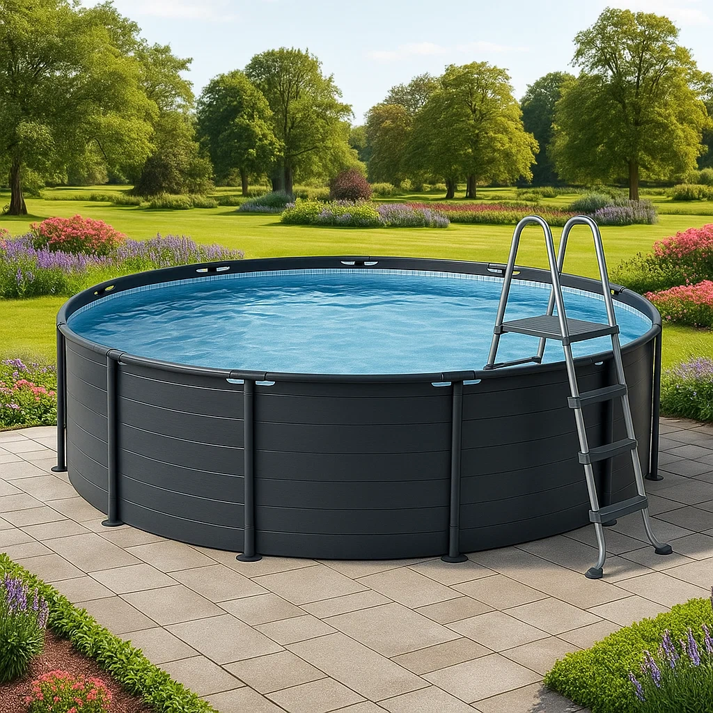 Piscine tubulaire ronde 355xh97 cm noir avec échelle avec filtre à cartouche xrboijO258na-Meuzen