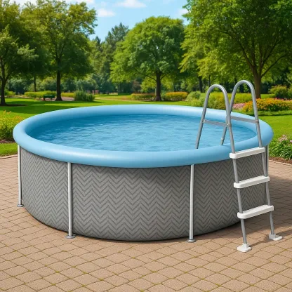 Piscine tubulaire ronde 355x97 cm bleu clair/gris motif chevron avec échelle et filtre à cartouche kSSZlth260cc-Meuzen