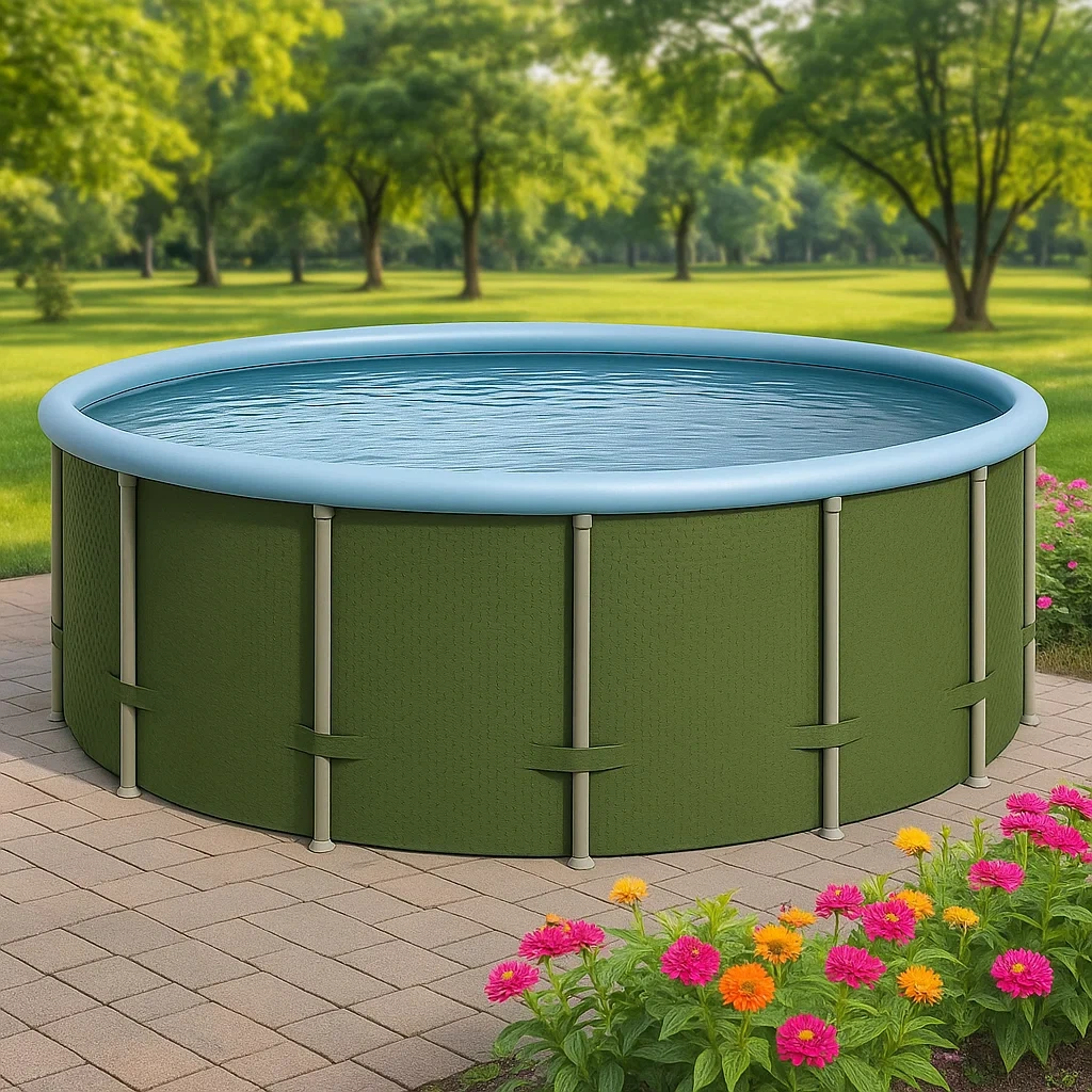 Piscine tubulaire ronde 440x103 cm bleu clair/vert olive avec échelle et filtre à cartouche QtQFDTR272DM-Meuzen