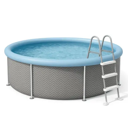 Piscine tubulaire ronde 355x97 cm bleu clair/gris motif chevron avec échelle et filtre à cartouche kSSZlth260cc-Meuzen