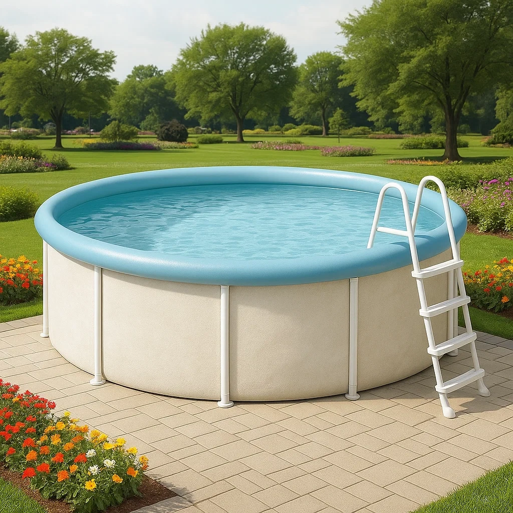 Piscine tubulaire ronde 355x h97 cm blanc cassé/bleu clair avec échelle et filtre à cartouche AzNhFLl235Or-Meuzen
