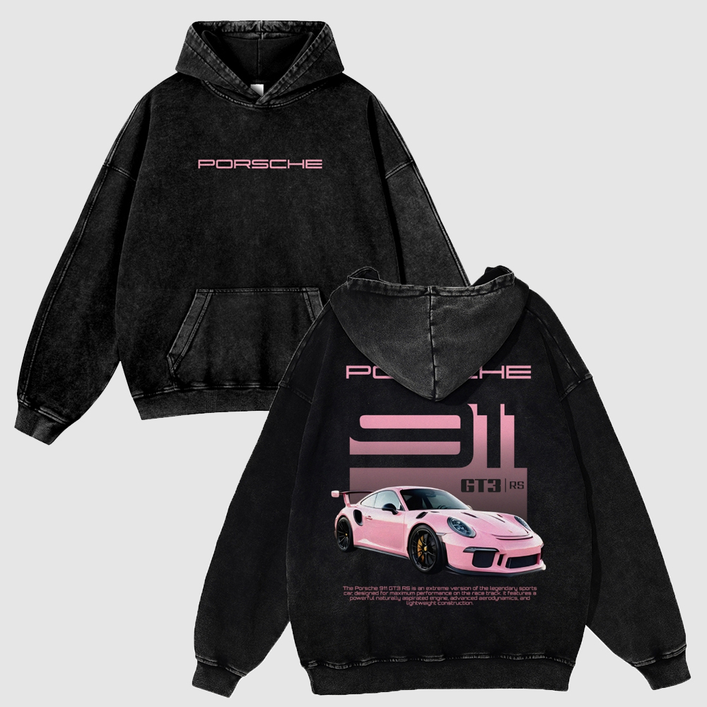 Porsche 911 Graphic Sweatshirt Berry Pink 380g Autumn VIntage GT3 RS Washed Hoodie