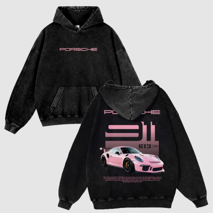 Porsche 911 Graphic Sweatshirt Berry Pink 380g Autumn VIntage GT3 RS Washed Hoodie