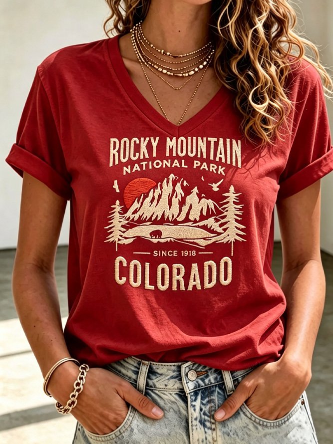 Casual Text Letters V Neck Short Sleeve T-shirt
